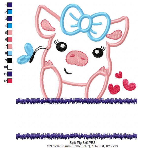 Split Pig Piglet Piggy - Applique - Machine Embroidery Design