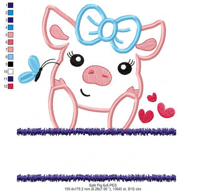 Split Pig Piglet Piggy - Applique - Machine Embroidery Design