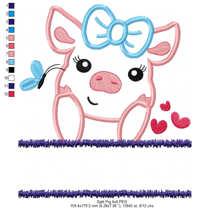 Split Pig Piglet Piggy - Applique - Machine Embroidery Design