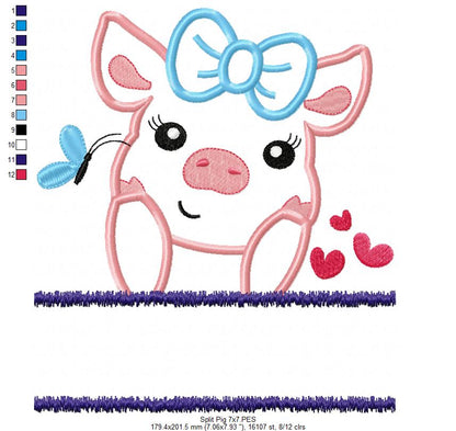 Split Pig Piglet Piggy - Applique - Machine Embroidery Design
