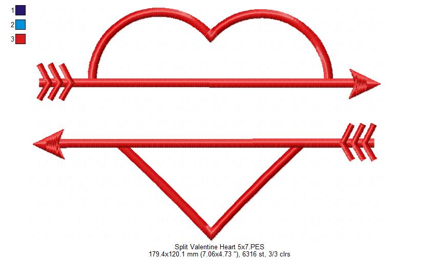Valentine's Split Heart - Applique - Machine Embroidery Design