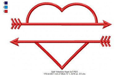 Valentine's Split Heart - Applique - Machine Embroidery Design