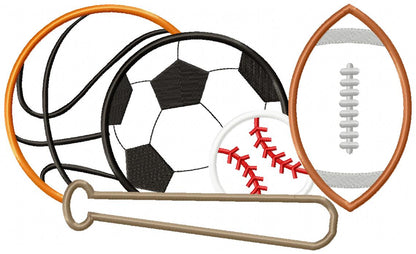 Sports Balls Basketball, Football, Soccer and Baseball - Applique - Machine Embroidery Design