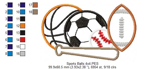 Sports Balls Basketball, Football, Soccer and Baseball - Applique - Machine Embroidery Design