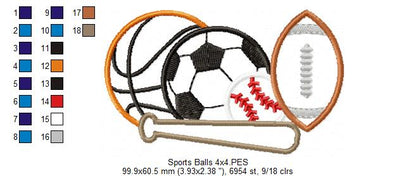 Sports Balls Basketball, Football, Soccer and Baseball - Applique - Machine Embroidery Design