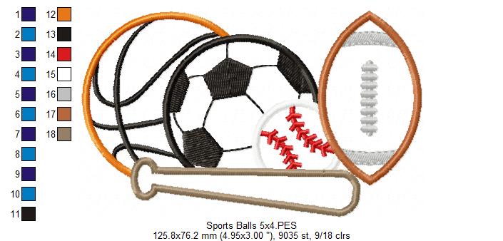 Sports Balls Basketball, Football, Soccer and Baseball - Applique - Machine Embroidery Design