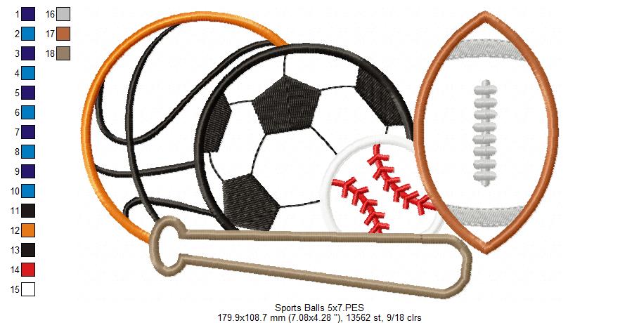 Sports Balls Basketball, Football, Soccer and Baseball - Applique - Machine Embroidery Design