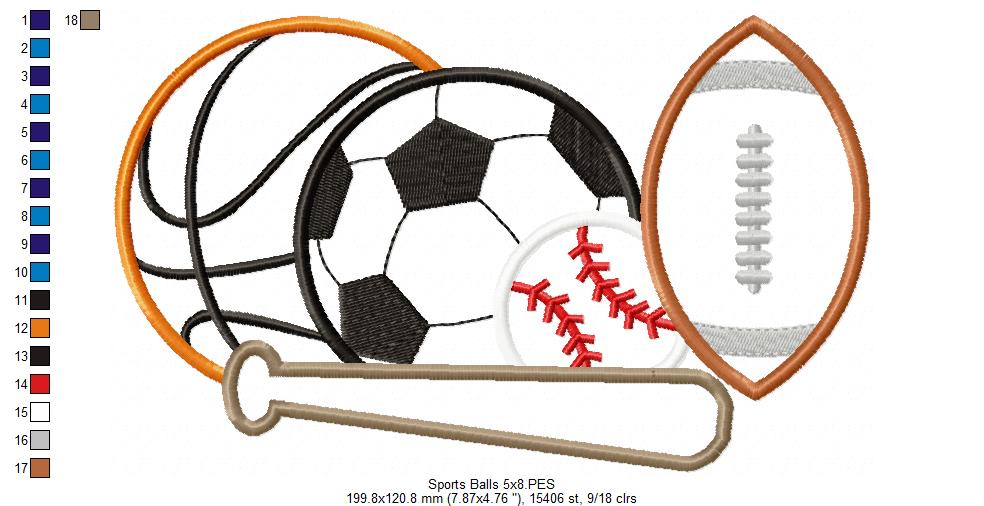 Sports Balls Basketball, Football, Soccer and Baseball - Applique - Machine Embroidery Design