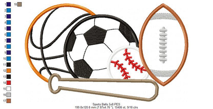 Sports Balls Basketball, Football, Soccer and Baseball - Applique - Machine Embroidery Design