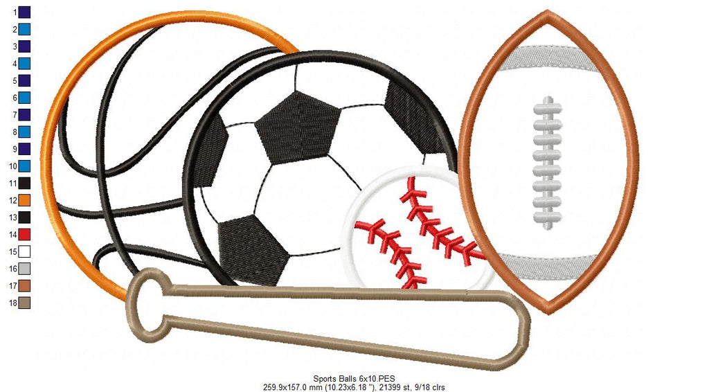 Sports Balls Basketball, Football, Soccer and Baseball - Applique - Machine Embroidery Design