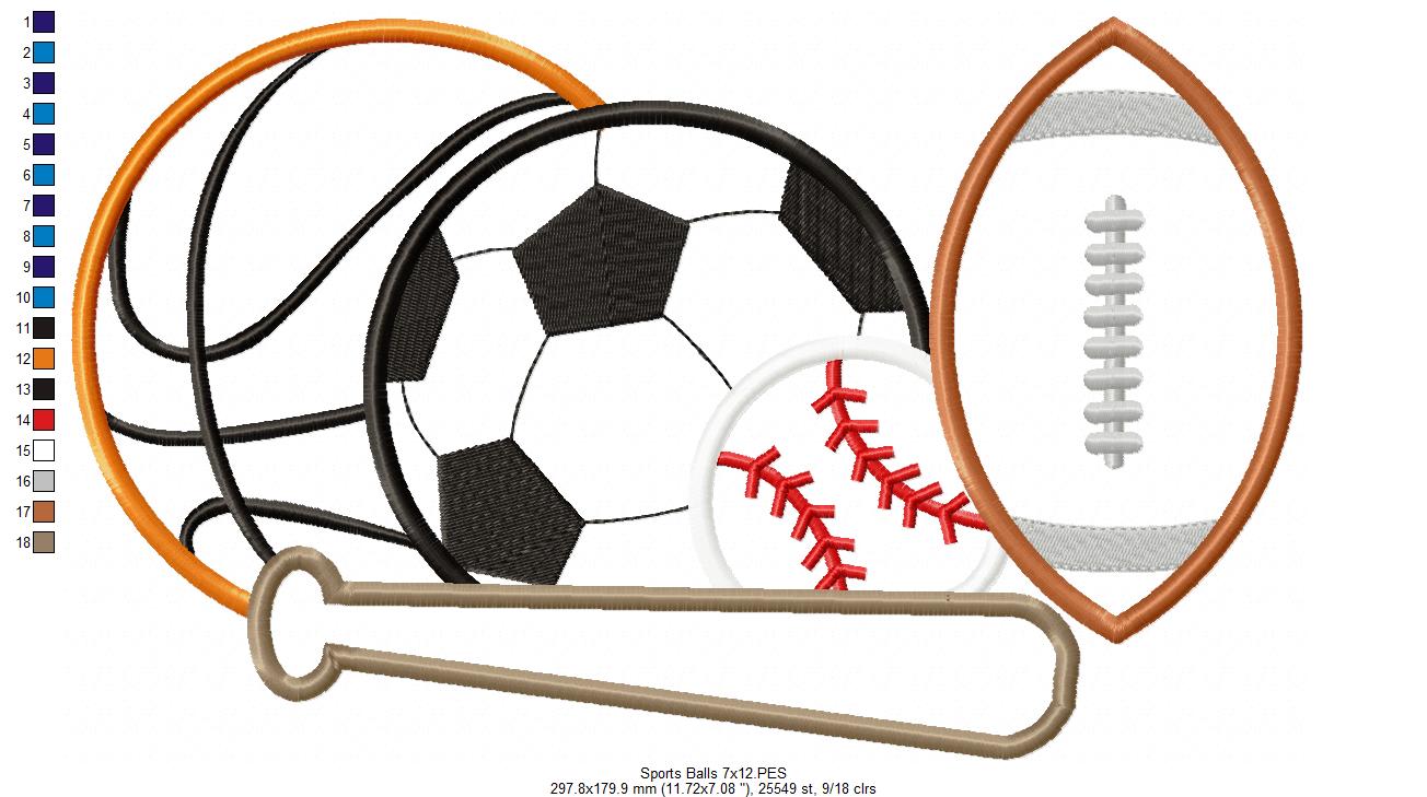 Sports Balls Basketball, Football, Soccer and Baseball - Applique - Machine Embroidery Design