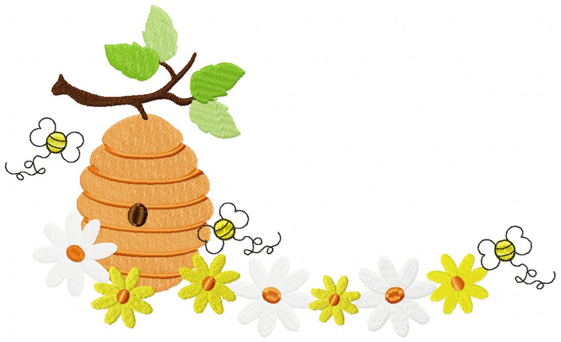 Spring Bumble Bee Beehive with Flowers - Fill Stitch