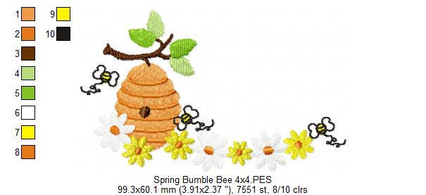 Spring Bumble Bee Beehive with Flowers - Fill Stitch