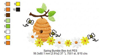 Spring Bumble Bee Beehive with Flowers - Fill Stitch