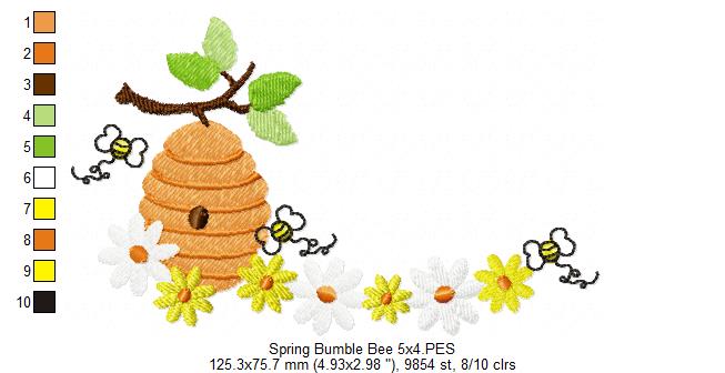 Spring Bumble Bee Beehive with Flowers - Fill Stitch