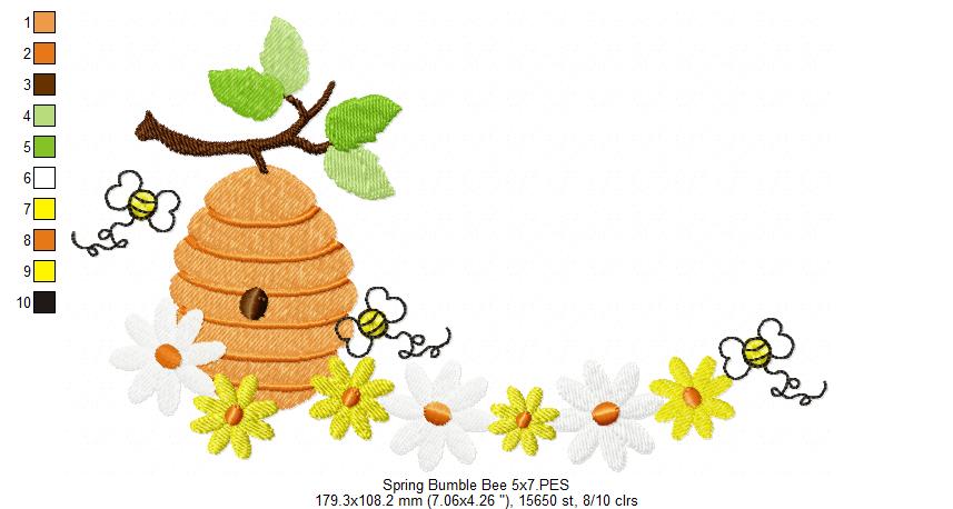 Spring Bumble Bee Beehive with Flowers - Fill Stitch