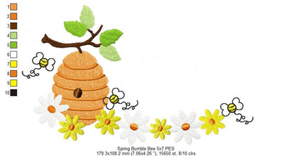 Spring Bumble Bee Beehive with Flowers - Fill Stitch