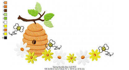 Spring Bumble Bee Beehive with Flowers - Fill Stitch