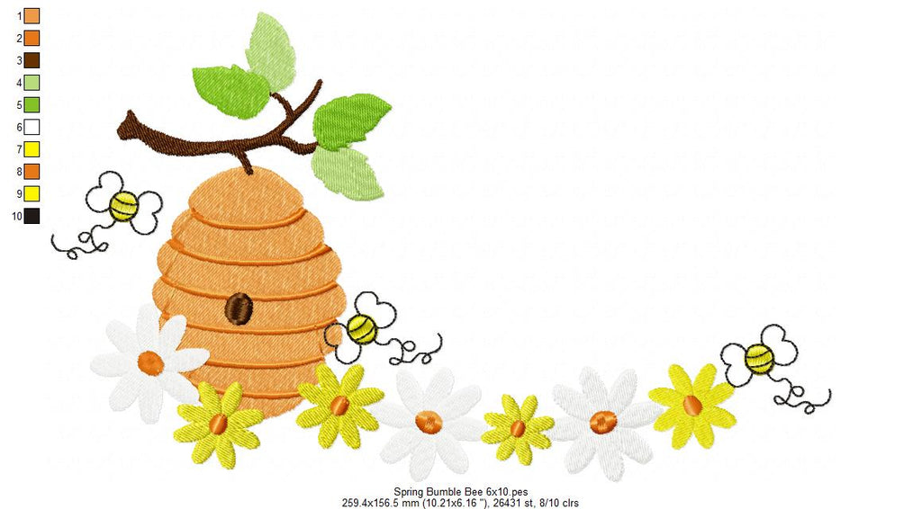 Spring Bumble Bee Beehive with Flowers - Fill Stitch