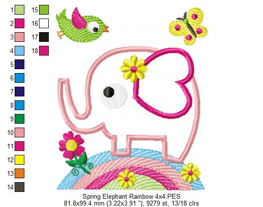 Sweet Spring Elephant Rainbow - Appliqué - Machine Embroidery Design