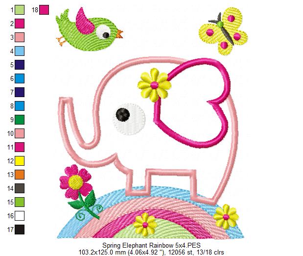 Sweet Spring Elephant Rainbow - Appliqué - Machine Embroidery Design