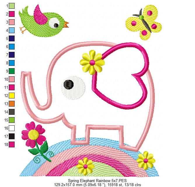 Sweet Spring Elephant Rainbow - Appliqué - Machine Embroidery Design