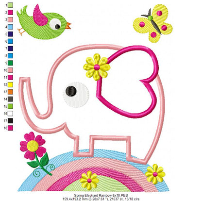 Sweet Spring Elephant Rainbow - Appliqué - Machine Embroidery Design