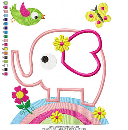 Sweet Spring Elephant Rainbow - Appliqué - Machine Embroidery Design