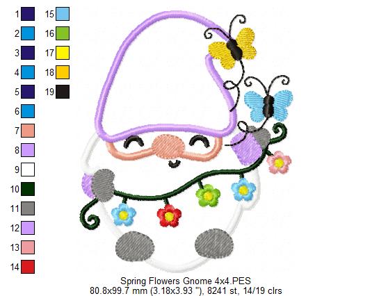 Spring Gnome Flowers and Butterflies - Applique