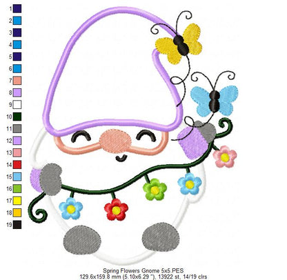 Spring Gnome Flowers and Butterflies - Applique