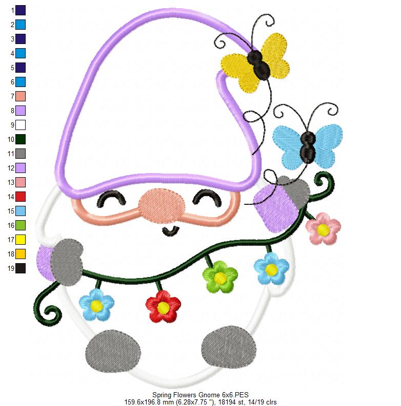 Spring Gnome Flowers and Butterflies - Applique