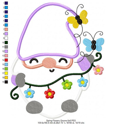 Spring Gnome Flowers and Butterflies - Applique
