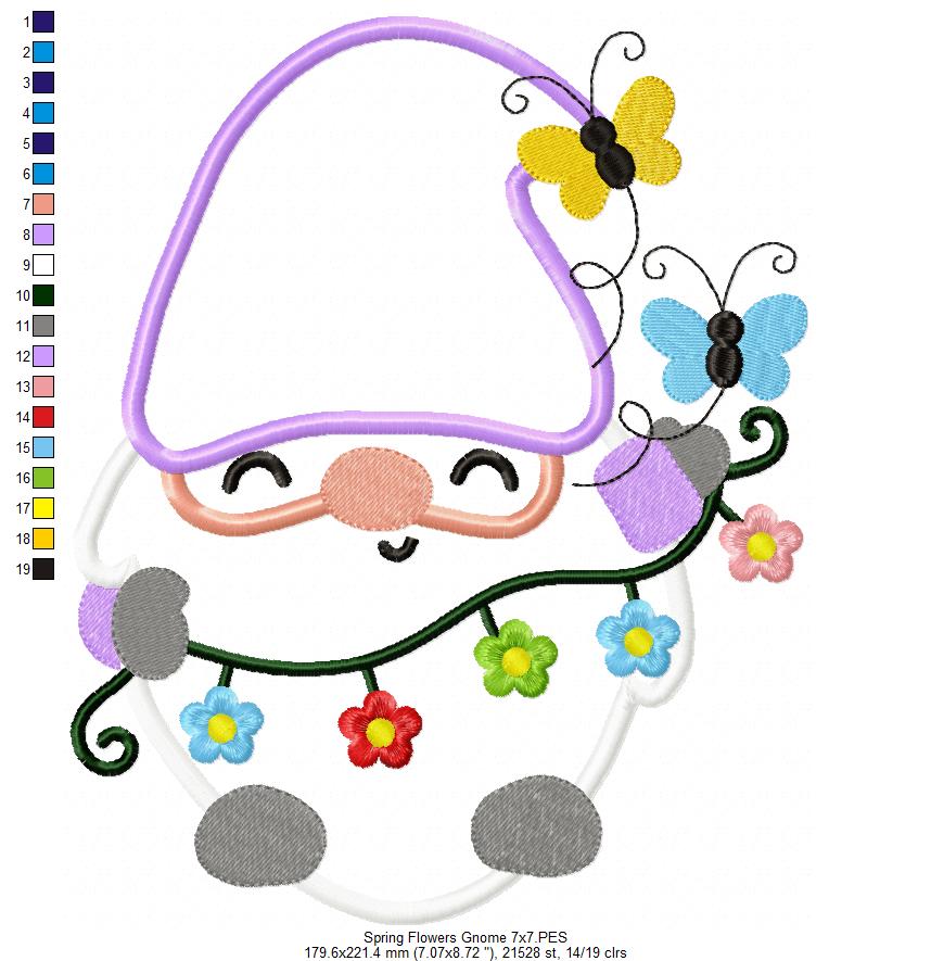 Spring Gnome Flowers and Butterflies - Applique