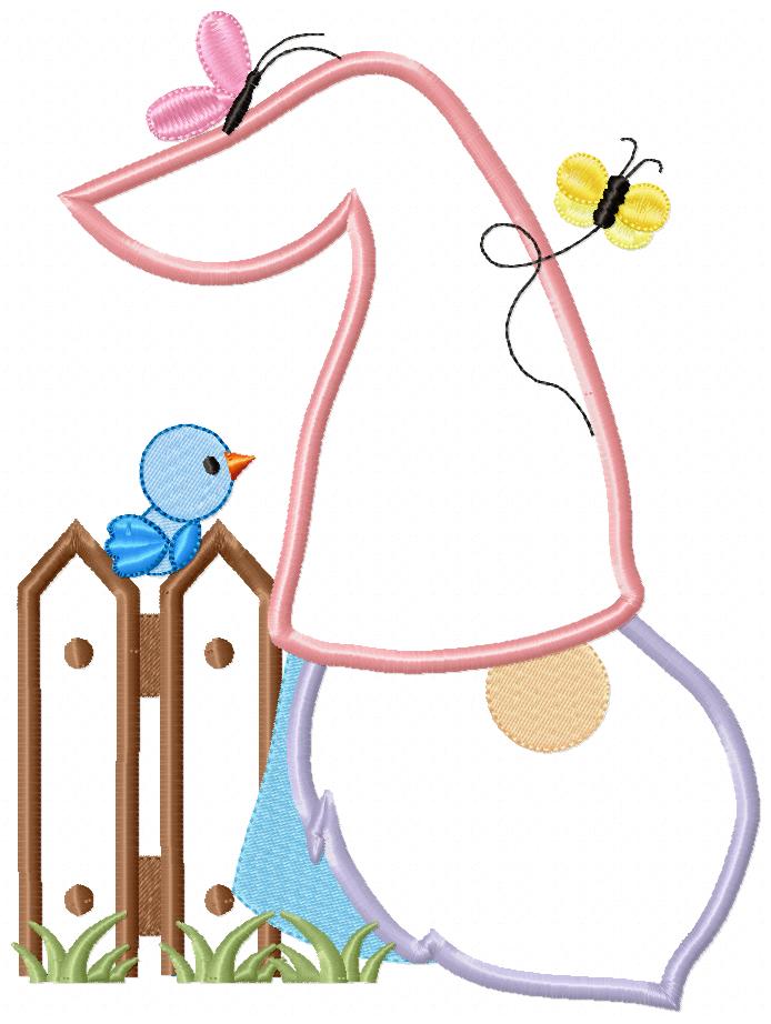 Spring Gnome, Fence, Bird and Butterflies - Applique