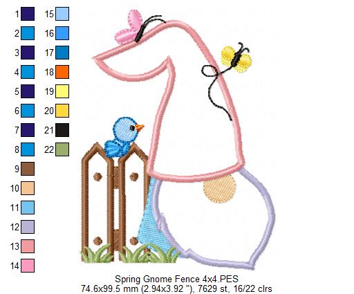 Spring Gnome, Fence, Bird and Butterflies - Applique