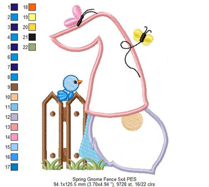 Spring Gnome, Fence, Bird and Butterflies - Applique