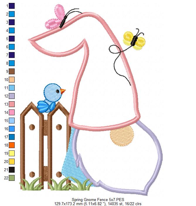 Spring Gnome, Fence, Bird and Butterflies - Applique