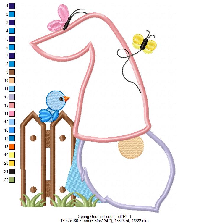 Spring Gnome, Fence, Bird and Butterflies - Applique