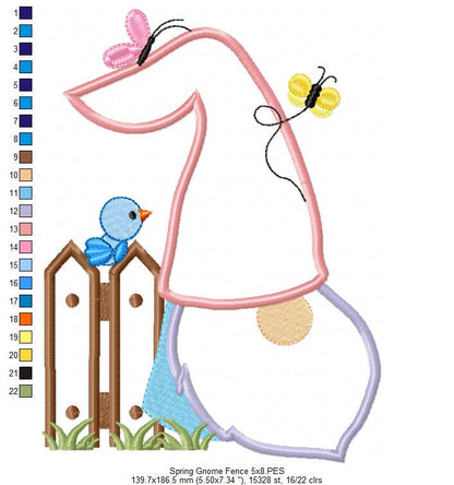 Spring Gnome, Fence, Bird and Butterflies - Applique