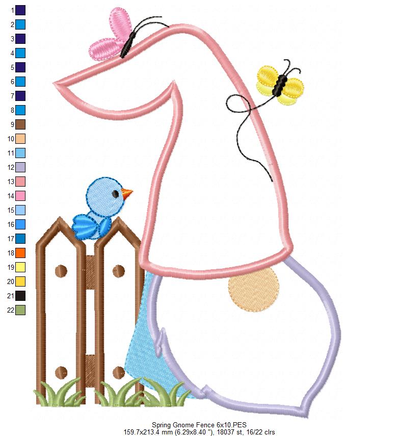 Spring Gnome, Fence, Bird and Butterflies - Applique