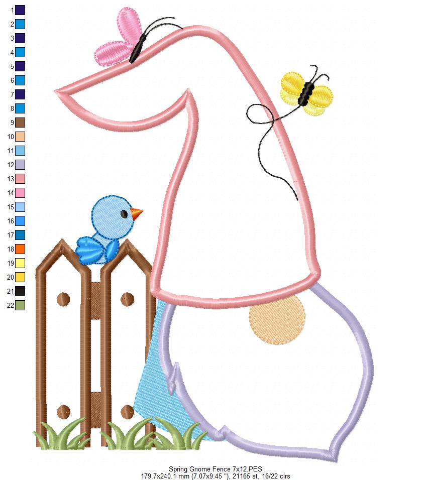 Spring Gnome, Fence, Bird and Butterflies - Applique