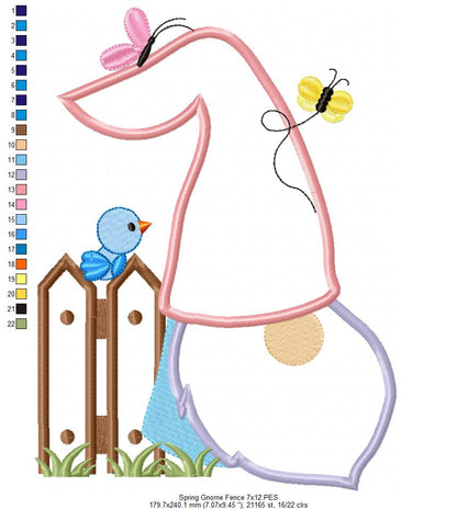 Spring Gnome, Fence, Bird and Butterflies - Applique