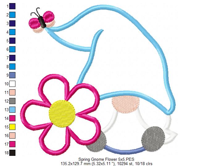 Spring Gnome Flower - Applique - Machine Embroidery Design