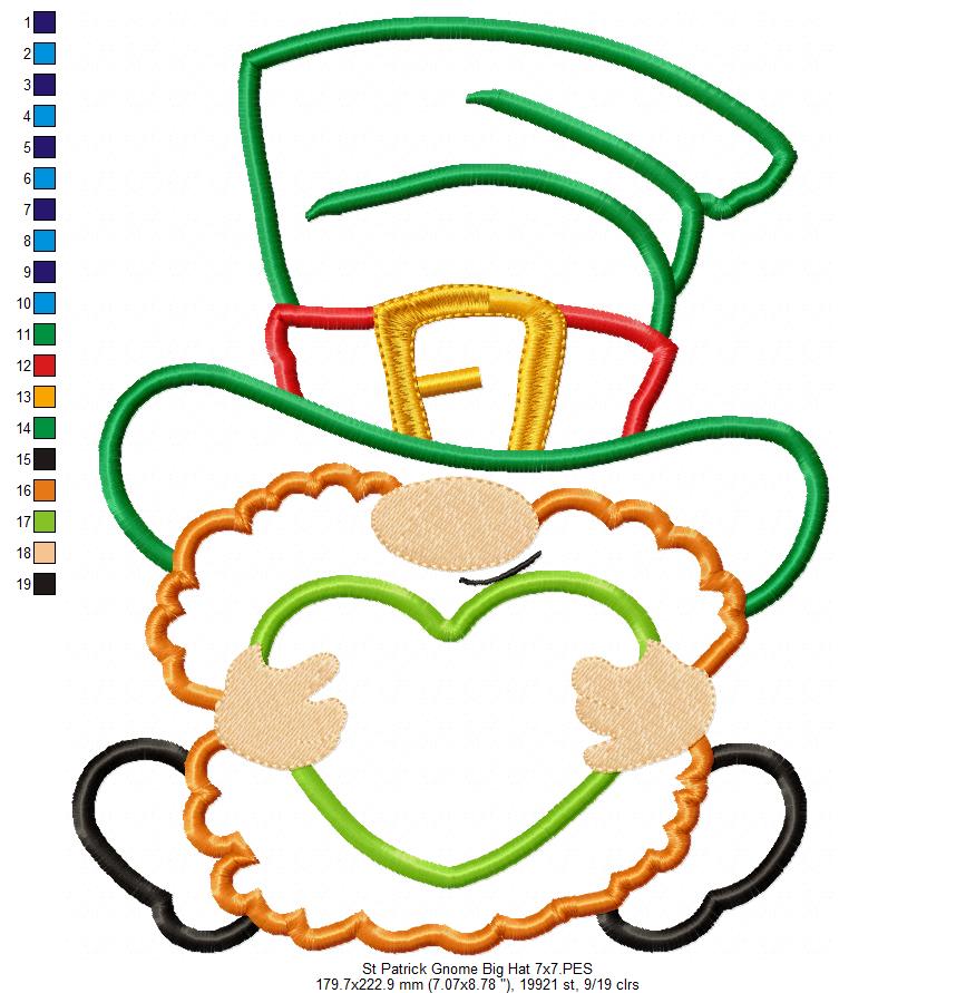 St. Patrick's Gnome Big Hat - Applique - Machine Embroidery Design