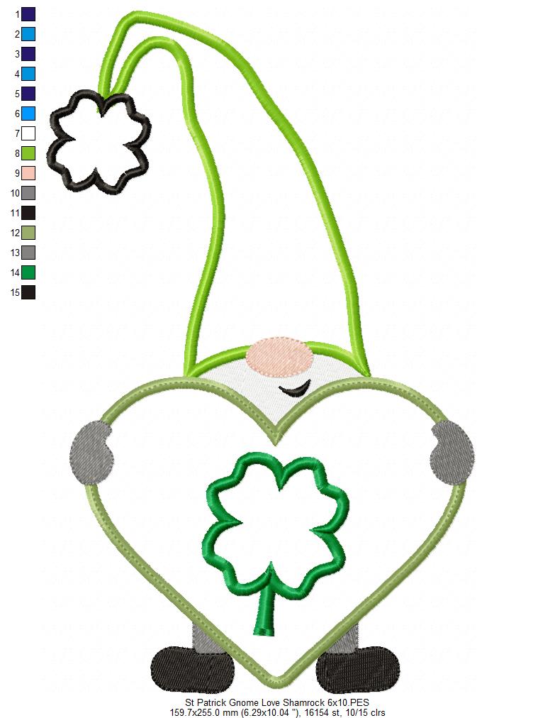 St. Patrick's Love Gnome Shamrock - Applique