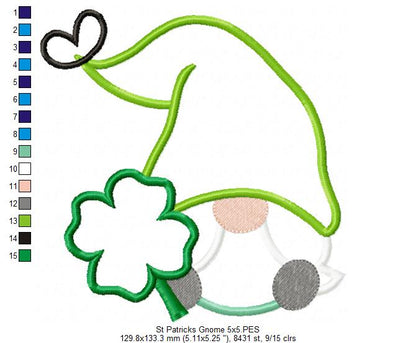 St. Patrick's Gnome with Hat - Applique - Machine Embroidery Design