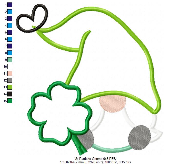 St. Patrick's Gnome with Hat - Applique - Machine Embroidery Design
