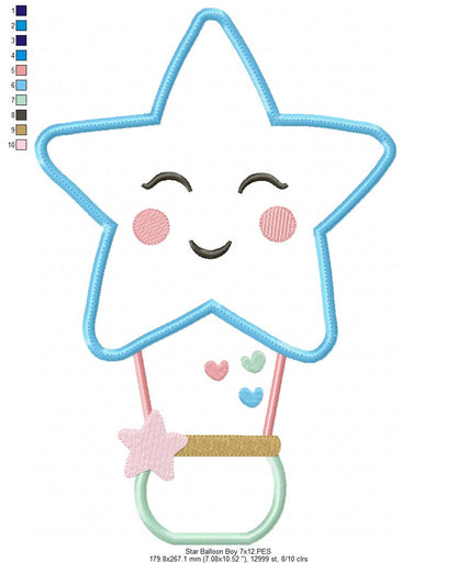 Star Boy and Girl Hot Air Balloon - Applique - Set of 2 designs