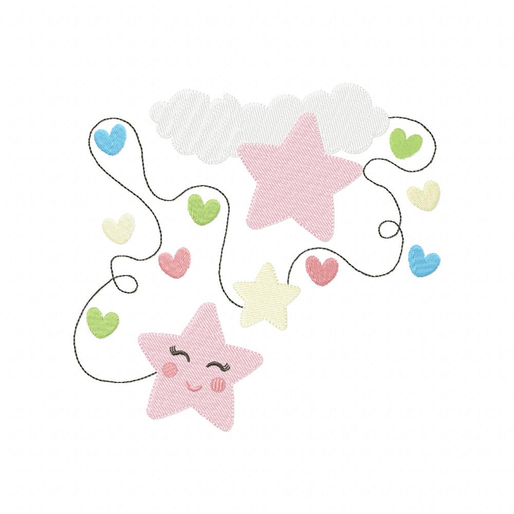 Cloud, Hearts and Stars Line Girl - Fill Stitch