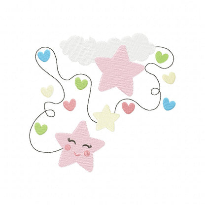 Cloud, Hearts and Stars Line Girl - Fill Stitch